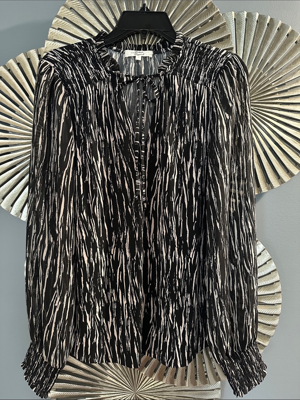 Beacon Black and White Ruffled Tie-Neck Blouse